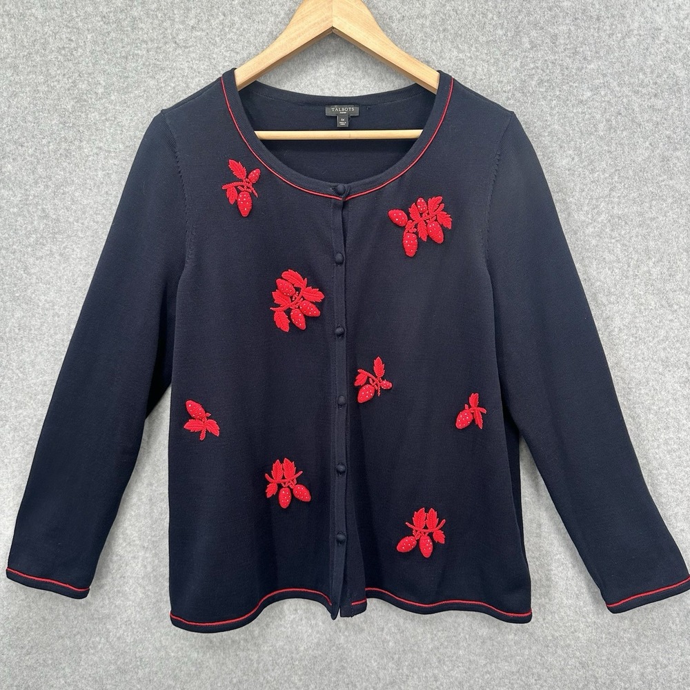 Talbots Plus 1X Strawberry 3D Embroidery Cardigan Navy Red classic preppy Whimsy